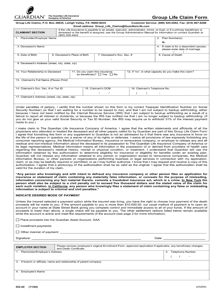  Guardian Group Life Claim Form Gg42 2004