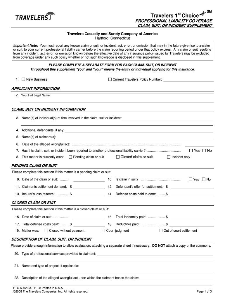 Travelers Professional Liability Coverage Claim Suit or Incident Supplement Form