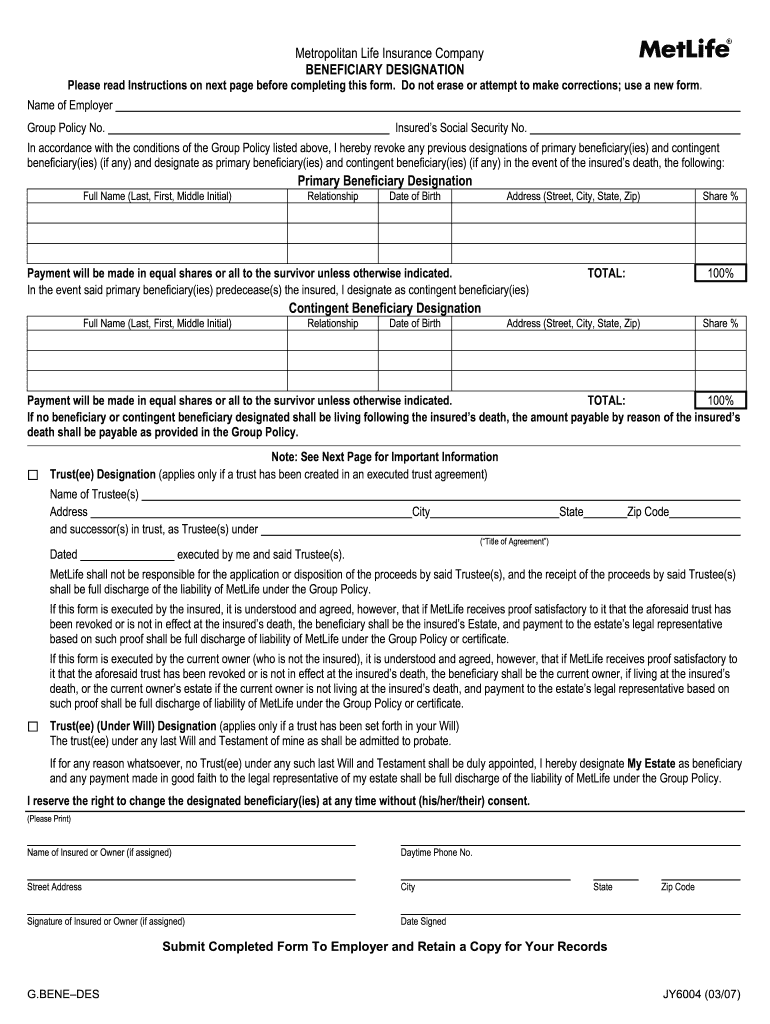  Metropolitan Life Insurance Company Beneficiary Designation Form Jy6004 2018