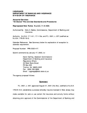 INSURANCE DEPARTMENT of BANKING and INSURANCE DIVISION of INSURANCE Actuarial Services &quot;40 States&quot; File and Use Standa  Form