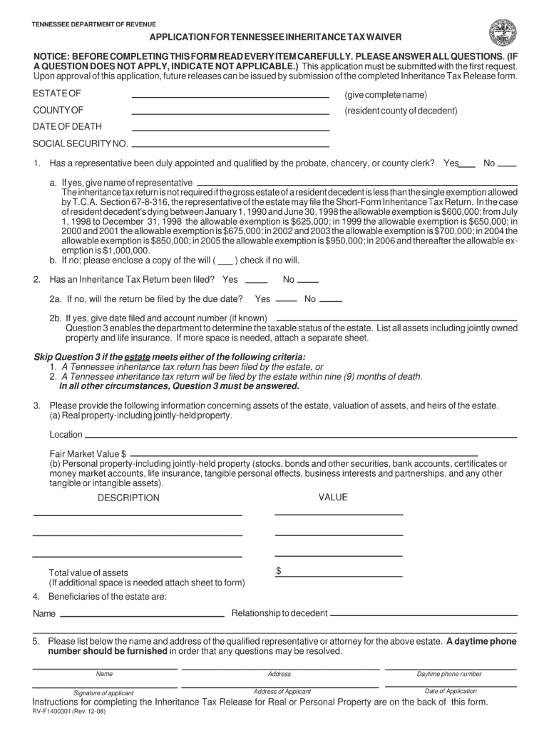  Tennessee Estate Inheritance Tax Waiver Form 2013