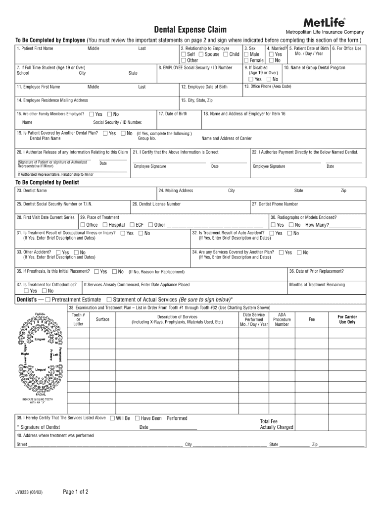  Met Life Dental Claim Form 2003