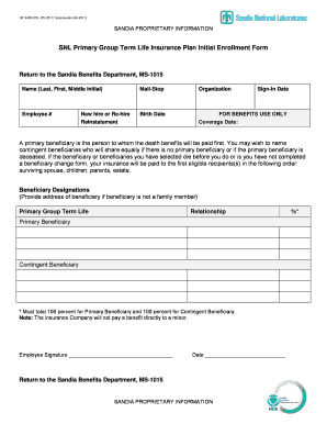 SNL Primary Group Term Life Insurance Plan Initial Enrollment Form Sandia