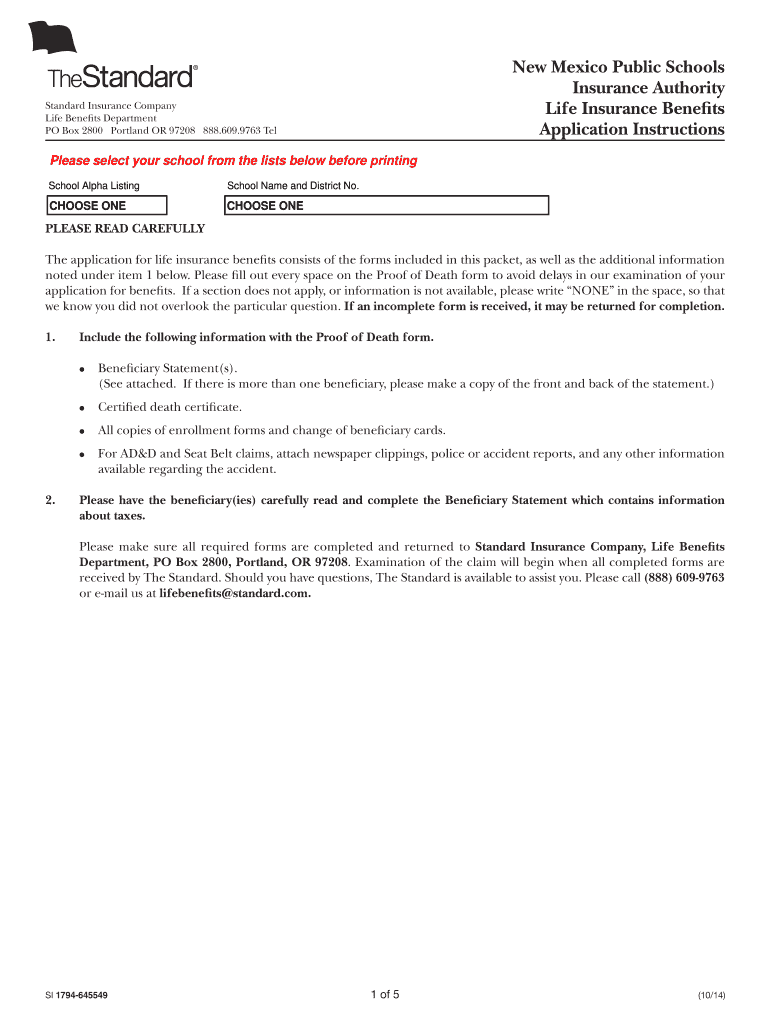 New Mexico Public Schools Insurance Authority Life the Standard  Form