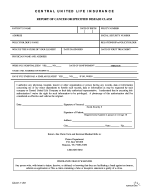 Claim for for Central United Life Cancer Policy Form