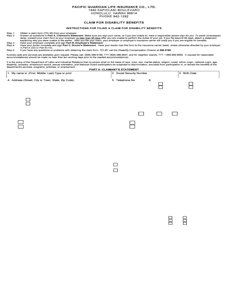 Pacific Guardian Life Tdi Form Fill Out And Sign Printable Pdf