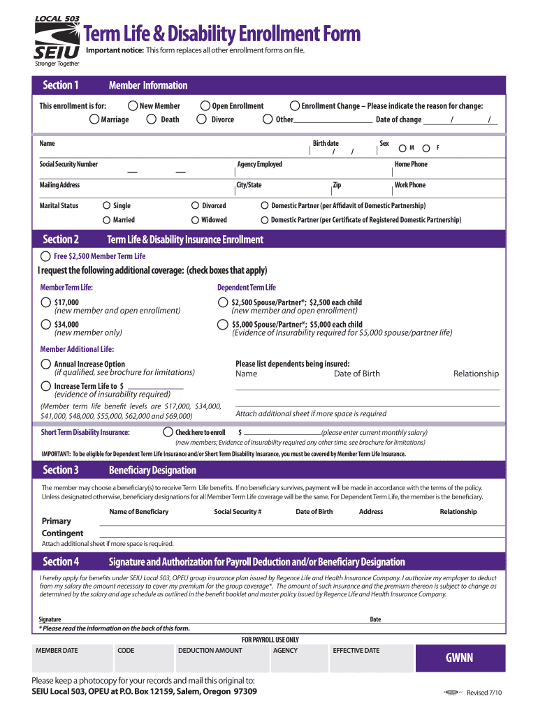 Term Life & Disability Enrollment Form  Seiu503