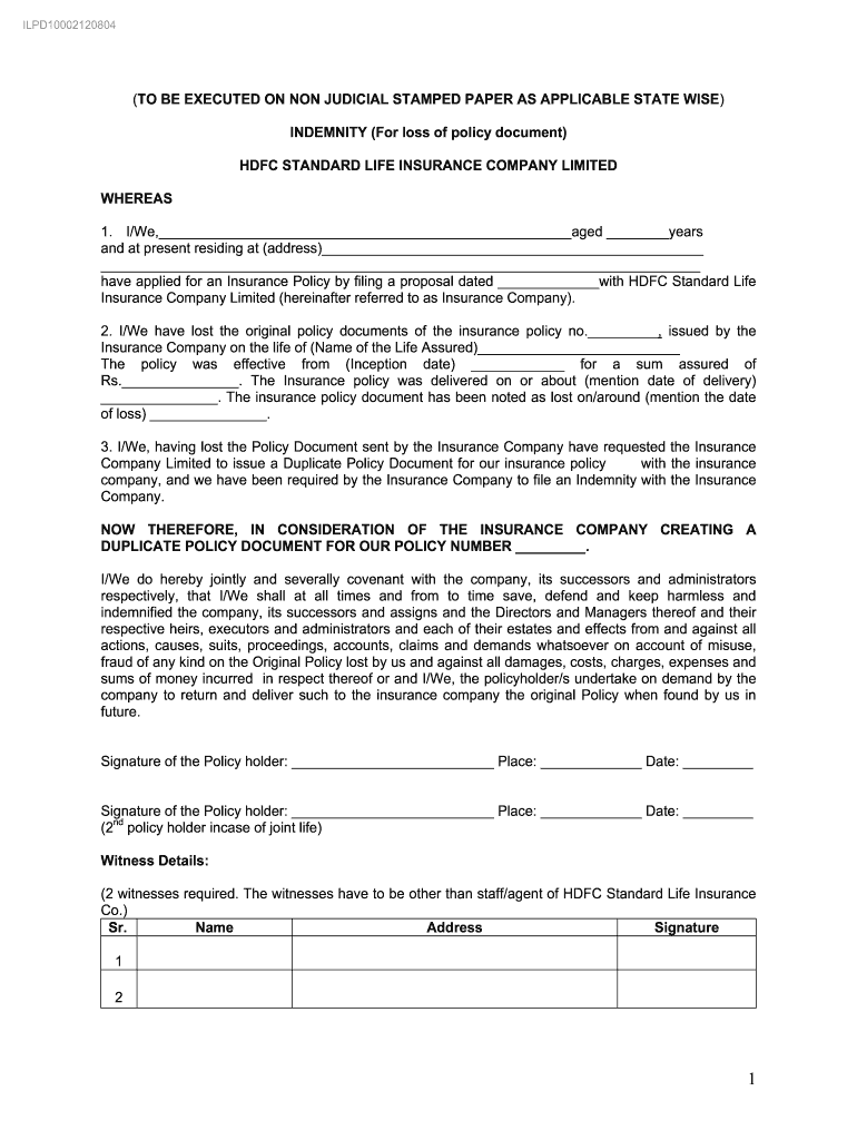 Hdfc Bank Indemnity Bond Format