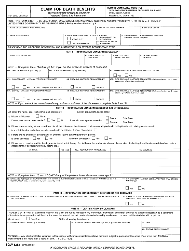 Sglv 8283 Claim for Death Benefits  Form