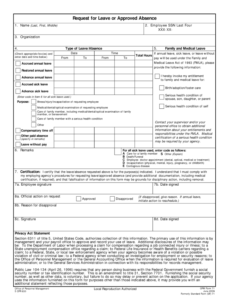  Opm 71 Fillable  Form 2009