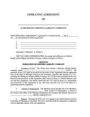 Operating Agreement Michigan  Form