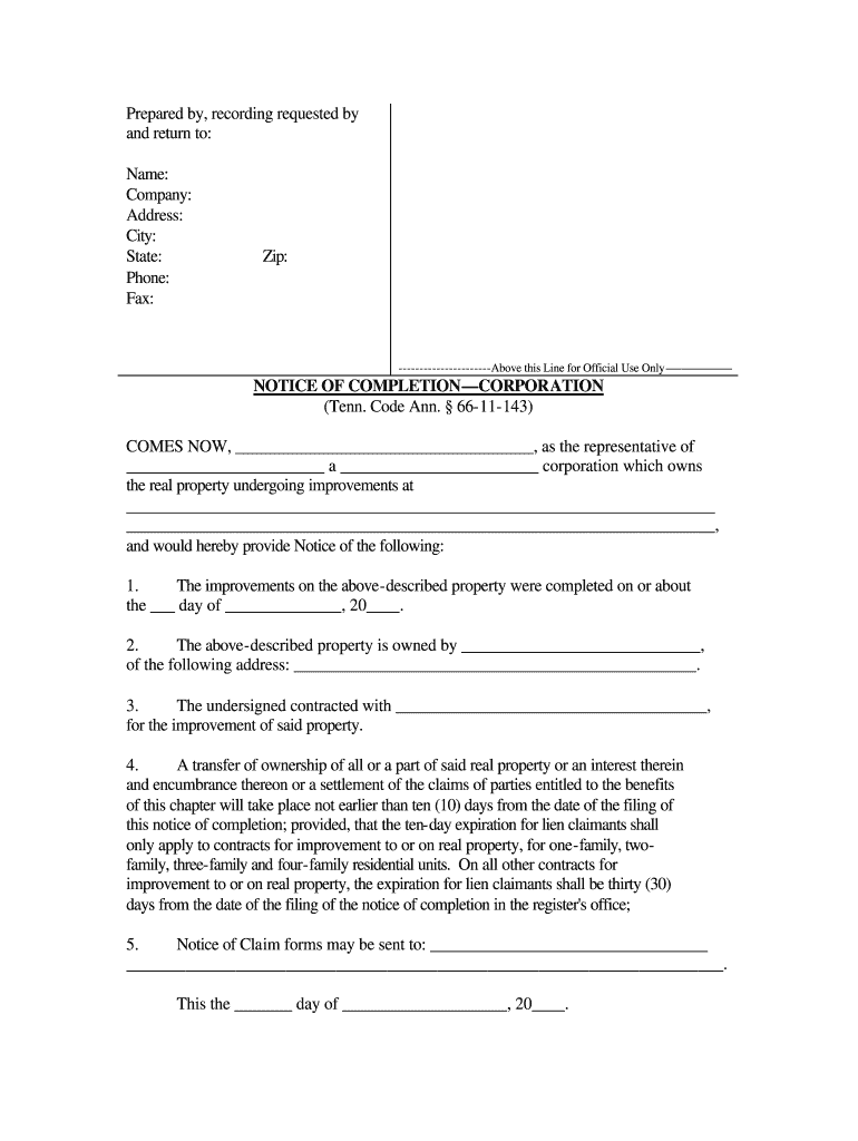 Notice of Completion Tennessee  Form