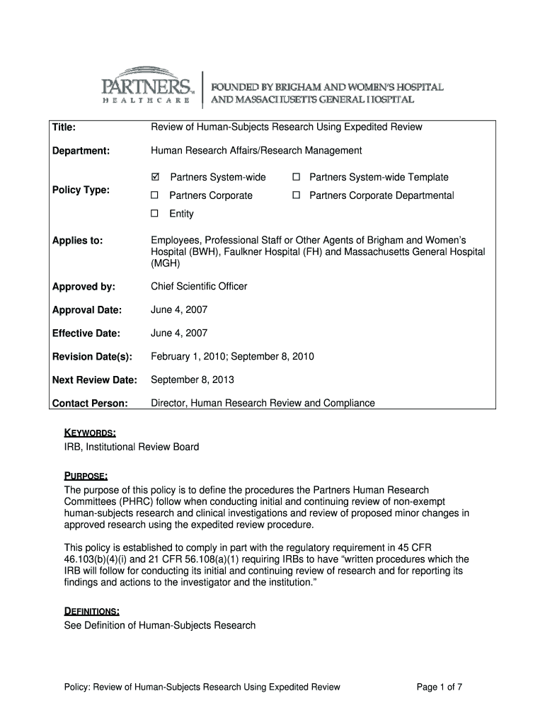 Review of Human Subjects Research Using Partners HealthCare Healthcare Partners  Form