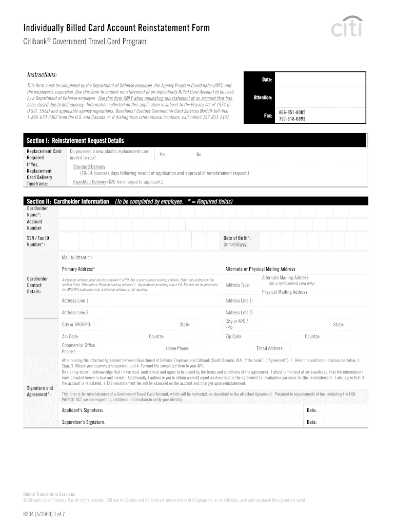 Citibank Reinstatement Form