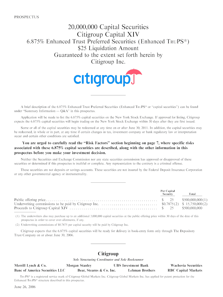 20,000,000 Capital Securities Citigroup Capital XIV  Form