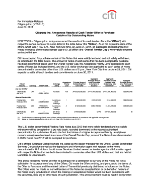For Immediate Release Citigroup Inc NYSE C June 27,  Form