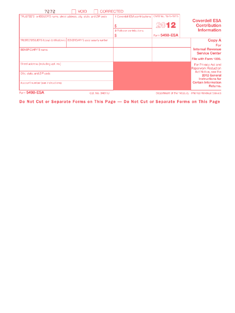  Form 5498 ESA Internal Revenue Service Irs 2012