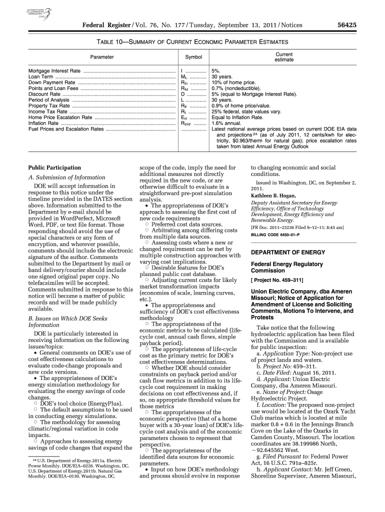 177 Tuesday, September 13, Notices TABLE 10 SUMMARY of CURRENT ECONOMIC PARAMETER ESTIMATES Gpo  Form