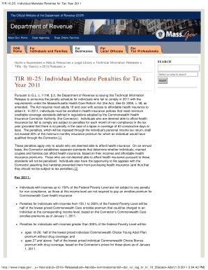 TIR 10 25 Individual Mandate Penalties for Tax Year Archives Lib State Ma  Form