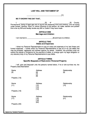 Pa Last Will and Testament  Form