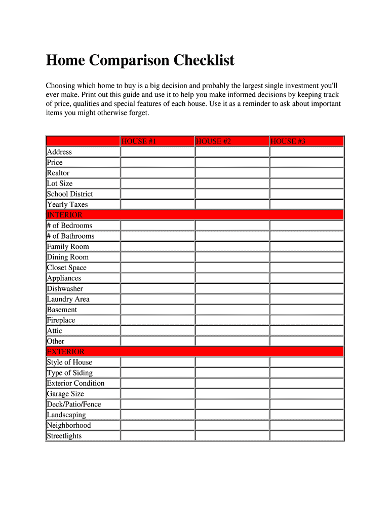 Home Comparison Printable  Form