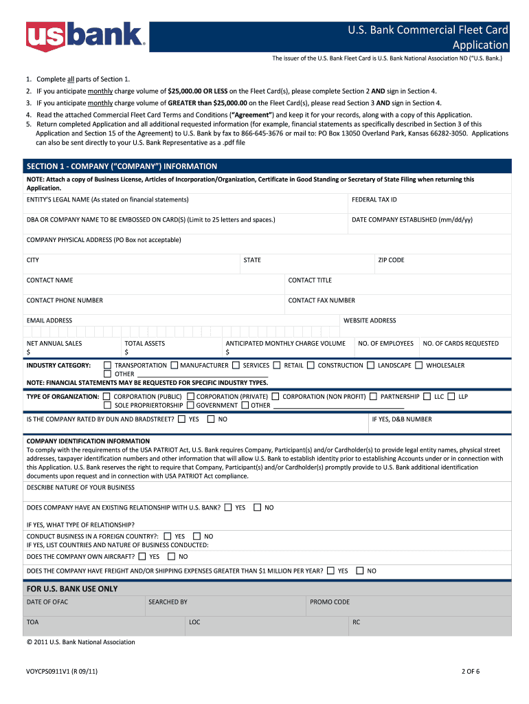 Us Bank Fleet Card  Form