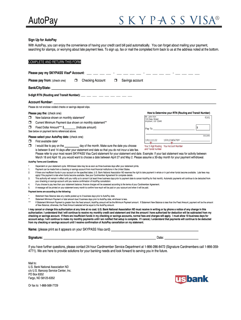 Skypass Visa Us Bank Auto Pay PDF Form