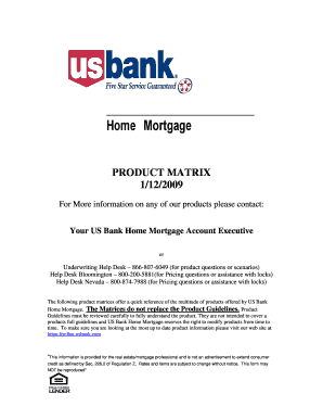 PRODUCT MATRIX 112 U S Bank  Form
