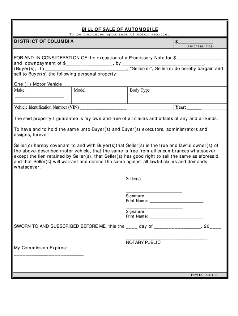 District of Columbia Bill of Sale for Automobile or Vehicle Including Odometer Statement and Promissory Note  Form