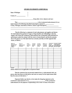 Michigan Sworn Statement Individual  Form