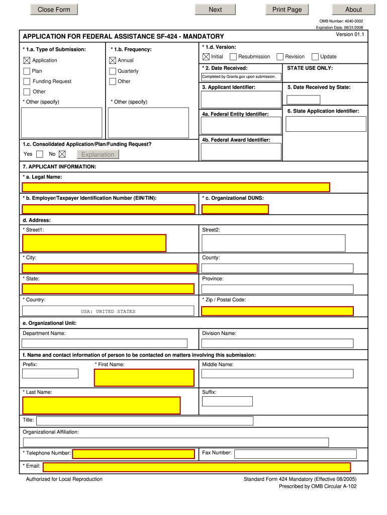  Sf 424 Mandatory Form 4040 0002 2019