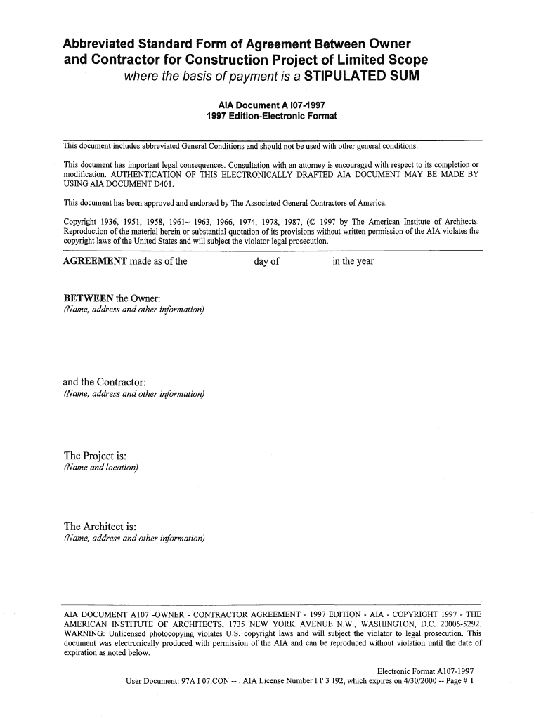 Abbreviated Standard Form of Agreement between Owner Lawrencehistorycenter