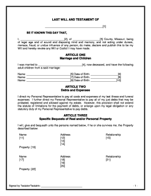 Last Will and Testament Missouri  Form