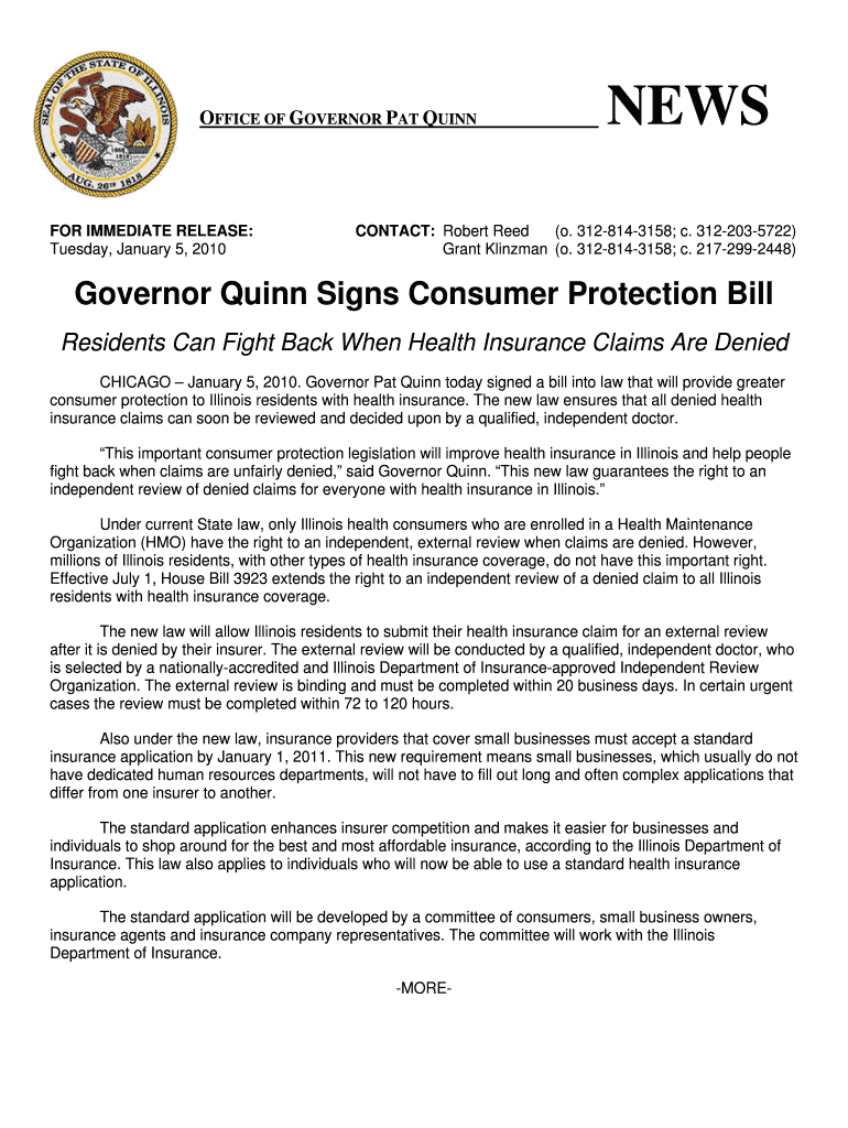 Governor Quinn Signs Consumer Protection Bill Illinois Department Insurance Illinois  Form