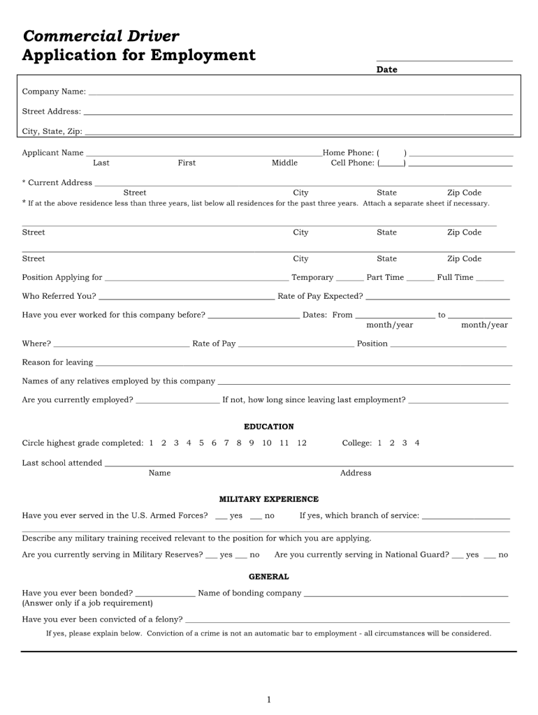 Fillable Driver Application  Form