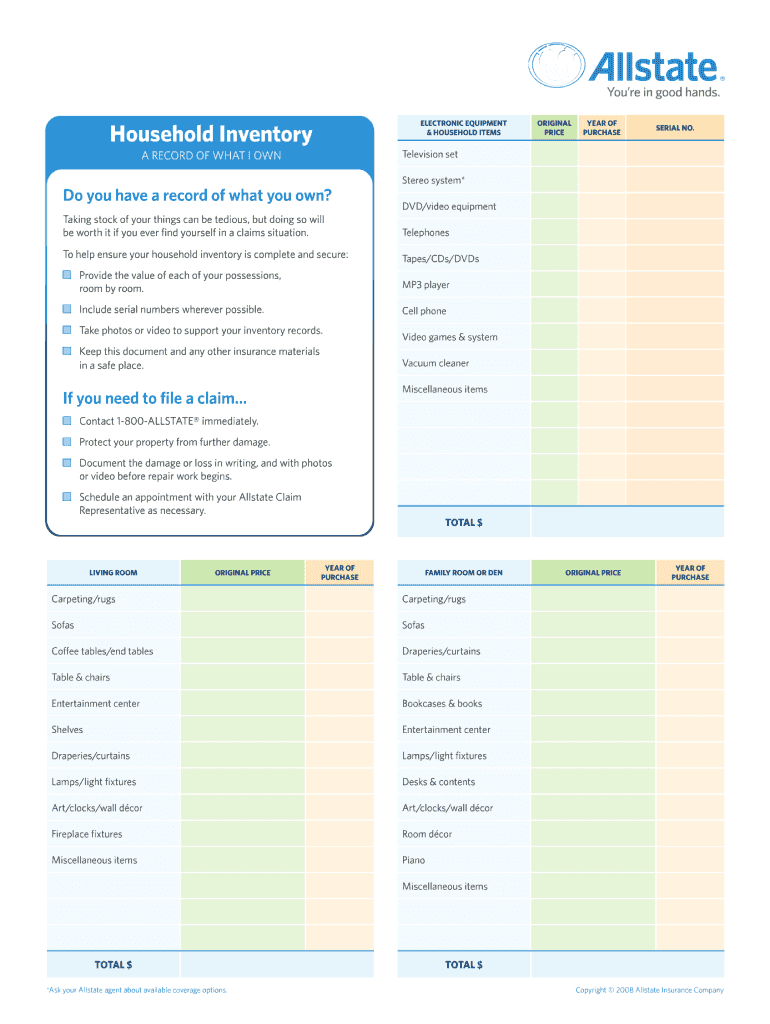  Household Inventory Form 2008-2023