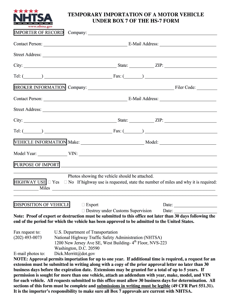 Nhtsa Form Import Form