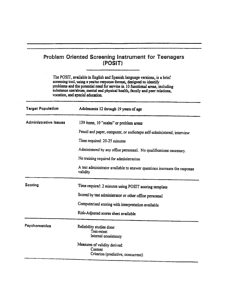 Problem Oriented Screening Instrument for Teenagers  NHTSA  Nhtsa  Form