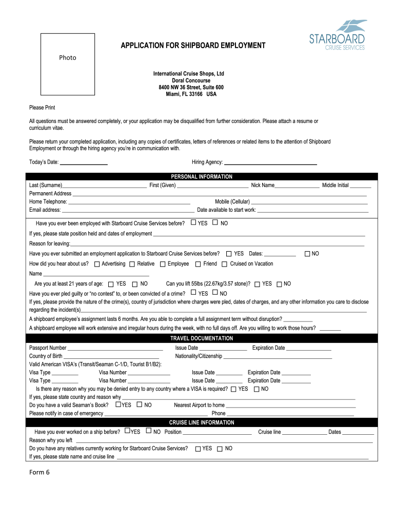 Application Form for Starboard Cruise Service