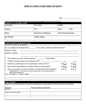Blank Fillable Employment Application Form