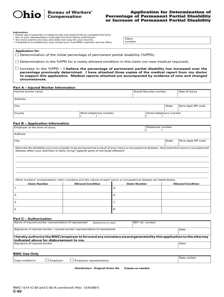 Application for Determination of Percentage of    OhioBWC  Form