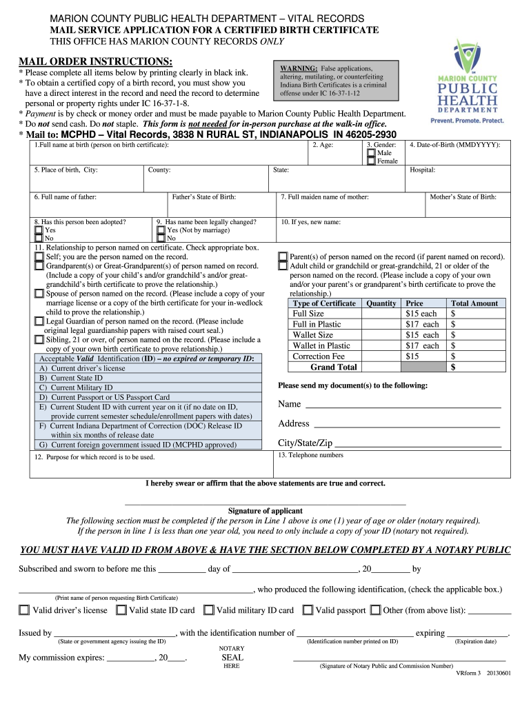  Marion County Indiana Birth Certificate 2013-2024