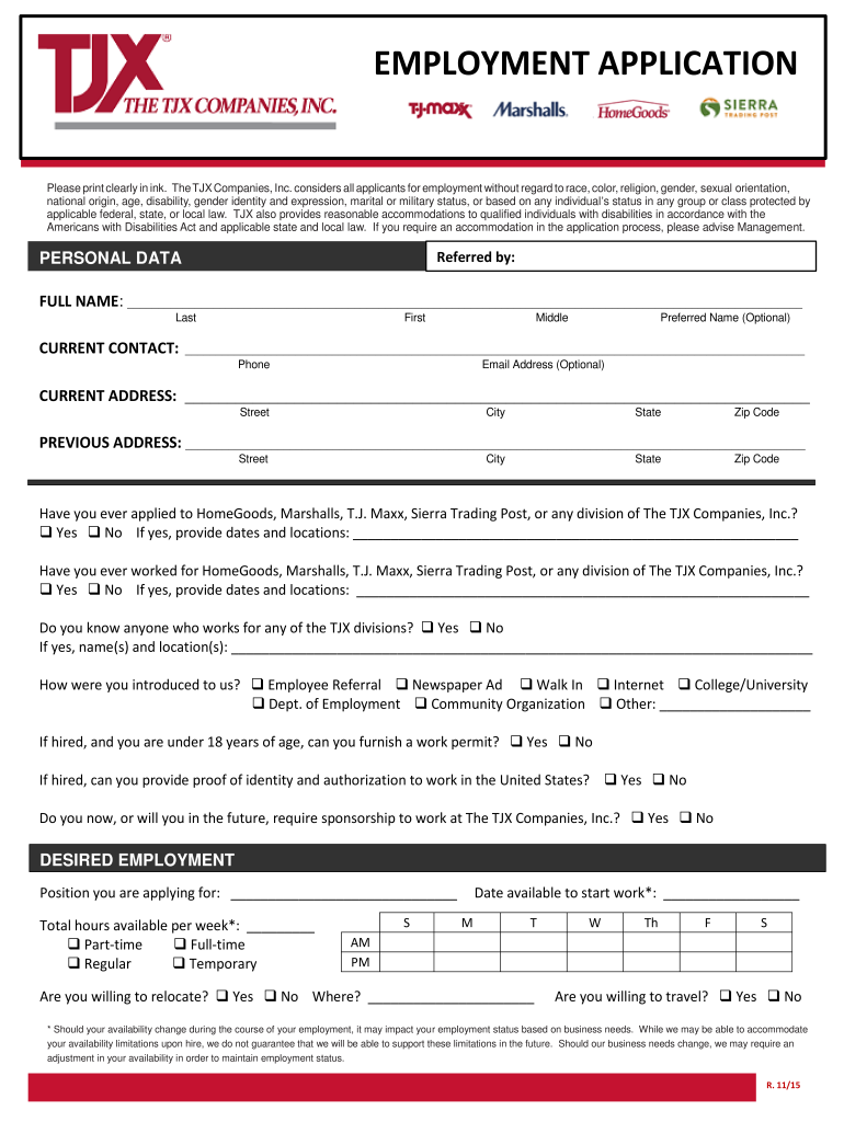 Tj Maxx Application  Form