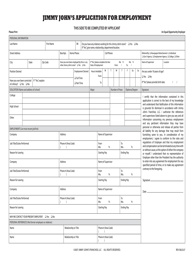 Jersey Mike&#039;s Application PDF  Form