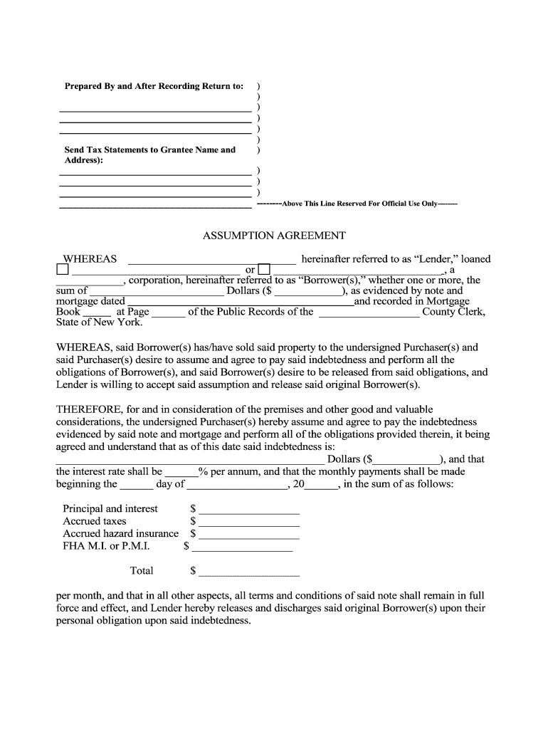 New York Assumption Agreement of Mortgage and Release of Original Mortgagors  Form