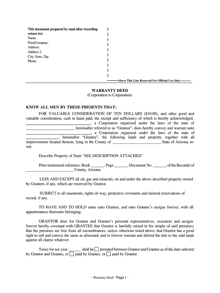 Arizona Warranty Deed from Corporation to Corporation  Form