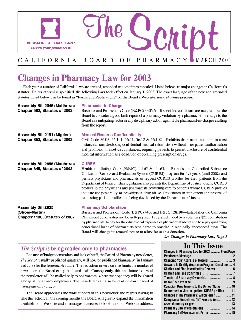 Changes in Pharmacy Law for Pharmacy Ca  Form