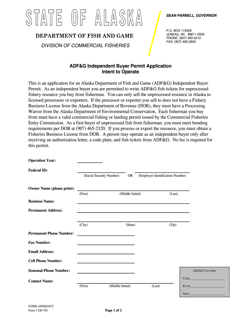 ADF&G Independent Buyer Permit Application Intent to Operate  Form