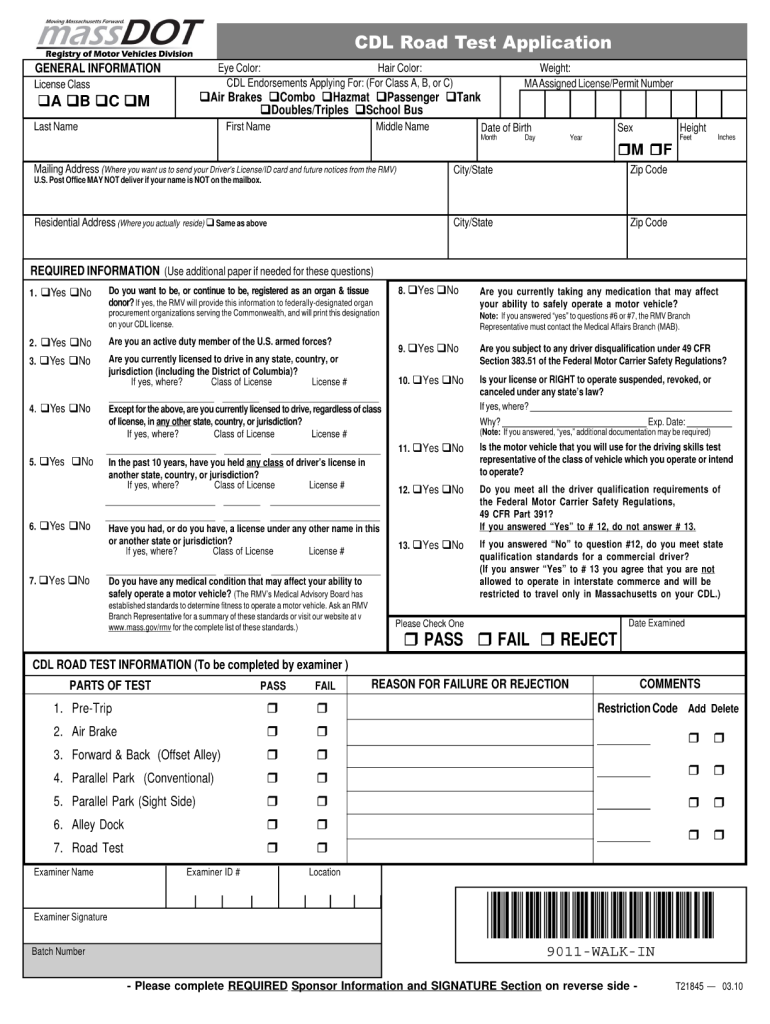 Massachusetts Road Test Score Sheet  Form