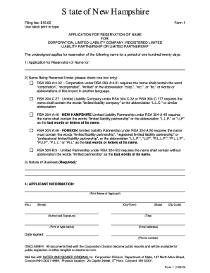 Form 1 Application for Reservation of Name Sos Nh